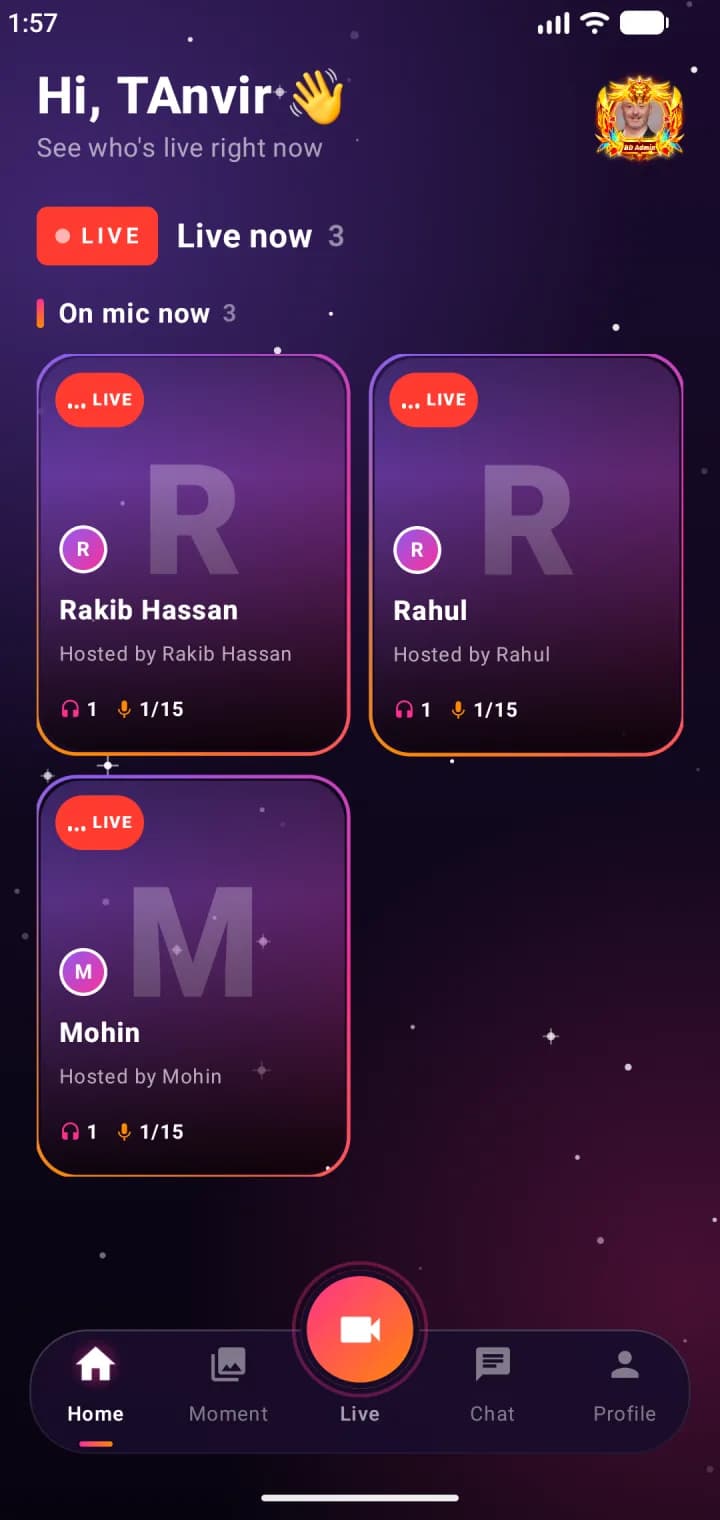 TaraLive app showing rooms that are live now