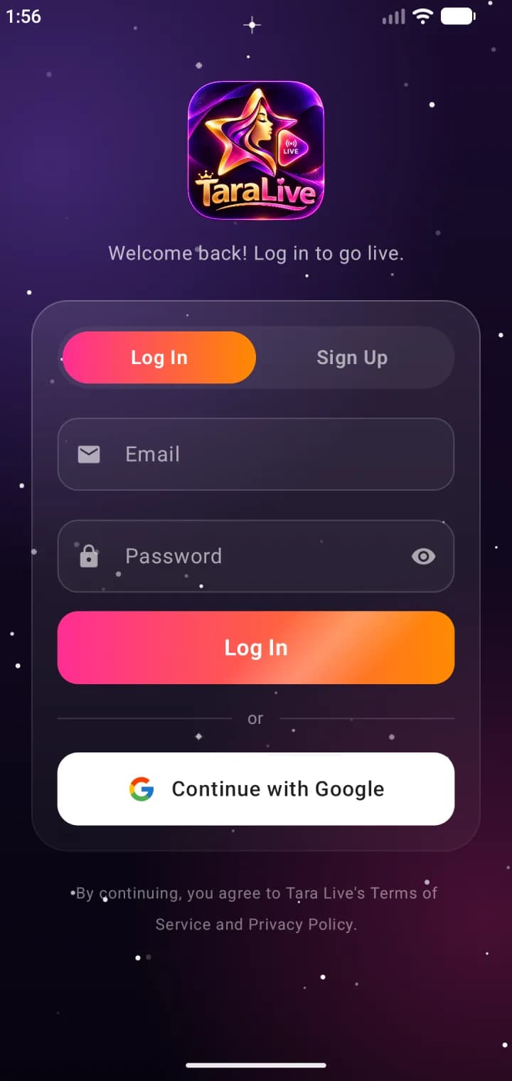 TaraLive login screen with Log In and Sign Up tabs, email and password fields and Continue with Google button