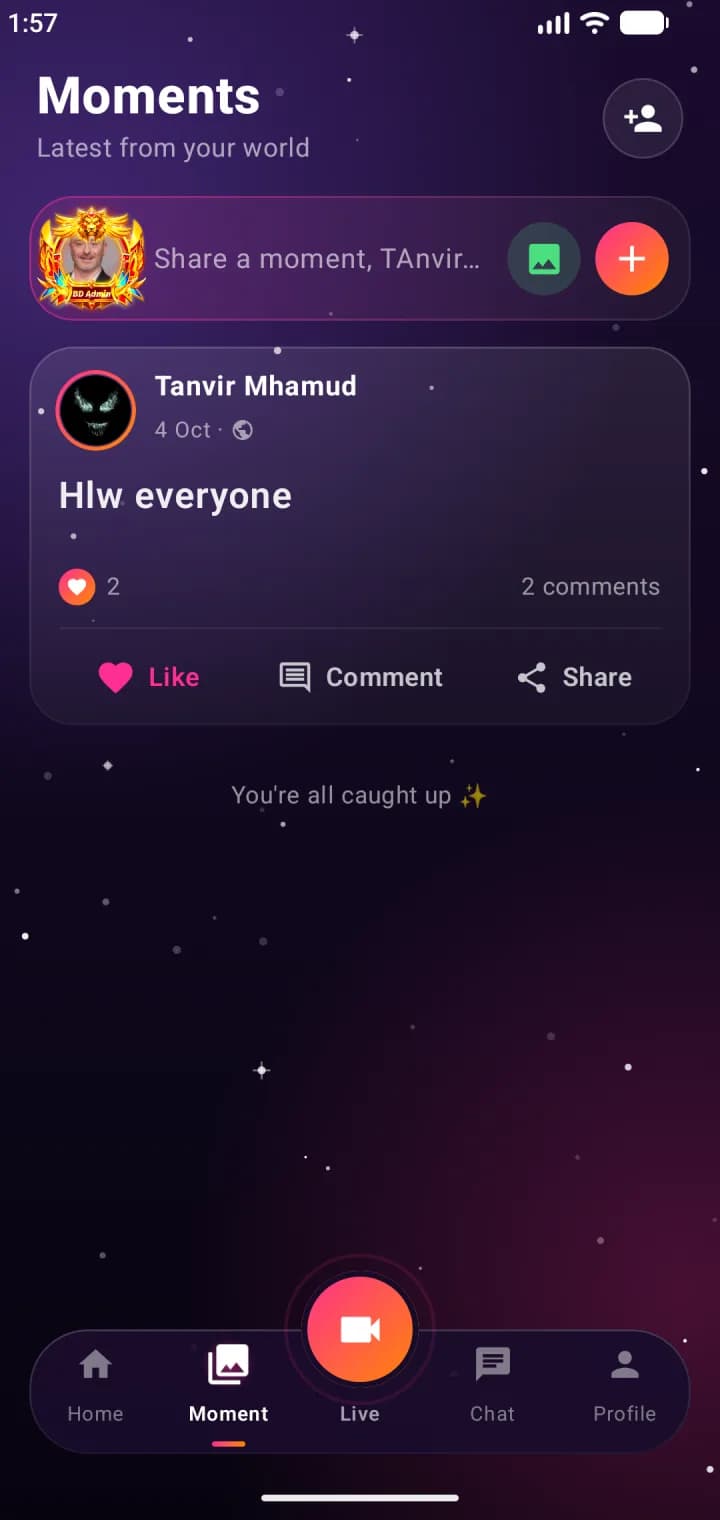 TaraLive Moments feed with a post composer, a post with likes and comments, and like, comment and share buttons