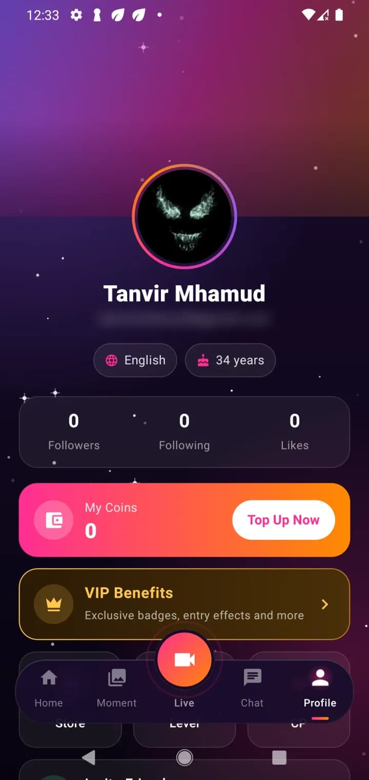 TaraLive profile screen with avatar, follower stats, My Coins card with Top Up Now button and VIP Benefits banner